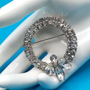 Vintage Winged Insect Wreath Brooch, Rhodium Plated, Clear Rhinestones